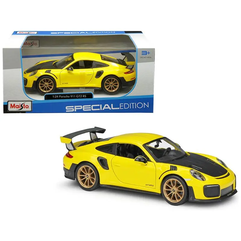 Porsche 911 GT2 RS Yellow with Carbon Hood and Gold Wheels "Special Edition" 1/24 Diecast Model Car by Maisto