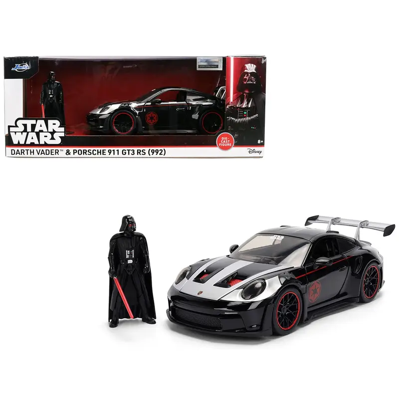Porsche 911 GT3 RS (992) Black with Silver Hood and Graphics and Darth Vader Figure "Star Wars" Franchise "Hollywood Rides" Series 1/24 Diecast Model Car by Jada