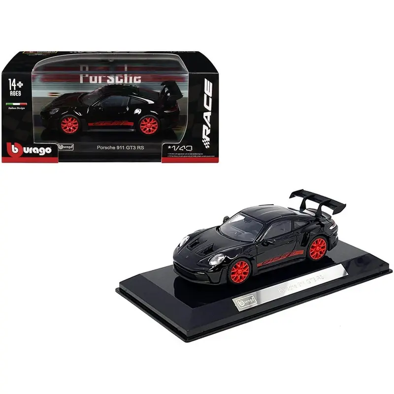 Porsche 911 GT3 RS Black with Red Stripes and Wheels "Race" Series 1/43 Diecast Model Car by Bburago