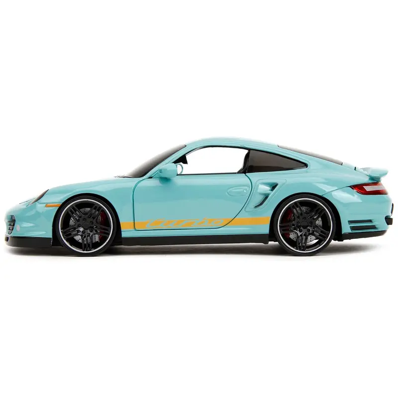 Porsche 911 Turbo (997) Light Blue with Yellow Stripes "Pink Slips" Series 1/24 Diecast Model Car by Jada