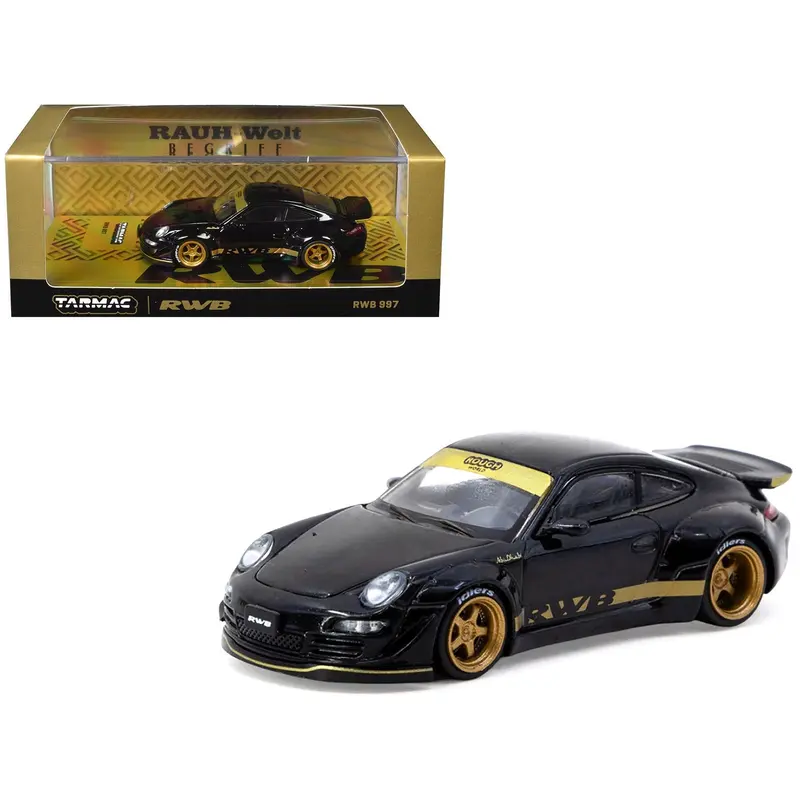 RWB 997 Black with Gold Wheels and Stripes "Hobby64" Series 1/64 Diecast Model Car by Tarmac Works