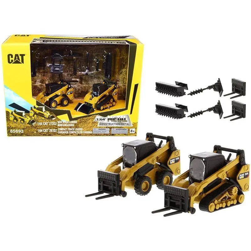 Set of 2 pieces CAT Caterpillar 272D2 Skid Steer Loader and CAT Caterpillar 297D2 Compact Track Loader with Accessories 1/64 Diecast Models by Diecast Masters