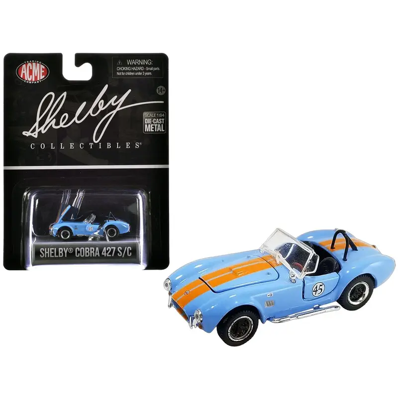 Shelby Cobra 427 S/C #45 Light Blue with Orange Stripes "Shelby Collectibles" Series 1/64 Diecast Model Car by ACME