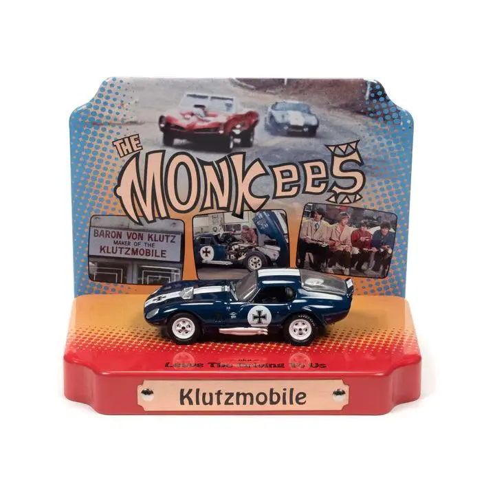 Shelby Cobra Daytona "Klutzmobile" Blue Metallic with White Stripes "The Monkees" with Collectible Tin Display "Silver Screen Machines" Series 1/64 Diecast Model Car by Johnny Lightning