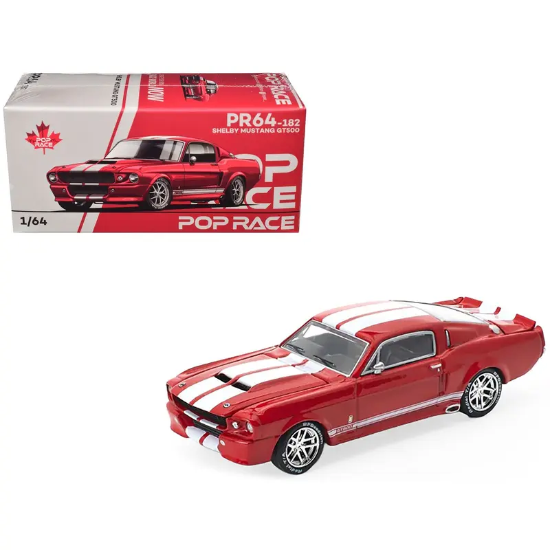 Shelby Mustang GT500 Red Metallic with White Stripes 1/64 Diecast Model Car by Pop Race