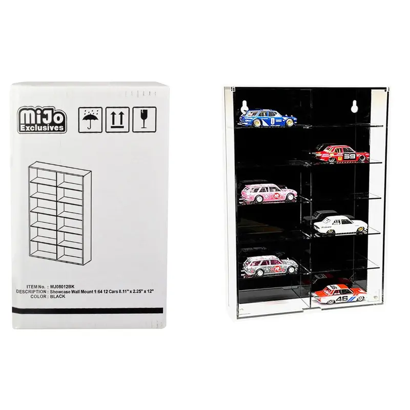 Showcase 12 Car Display Case Wall Mount with Black Back Panel "Mijo Exclusives" for 1/64 Scale Models