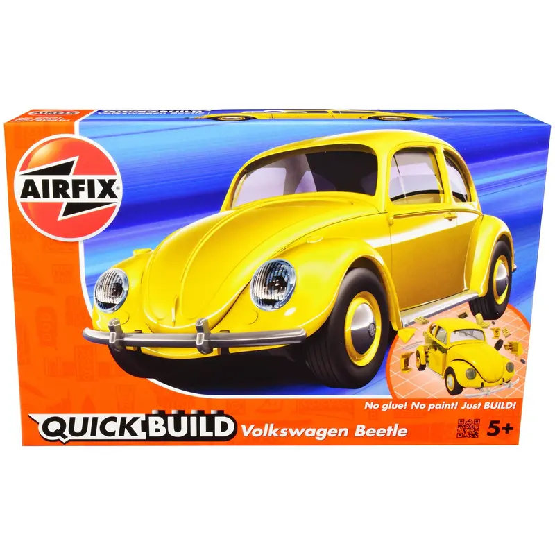 Skill 1 Model Kit Old Volkswagen Beetle Yellow Snap Together Model by Airfix Quickbuild