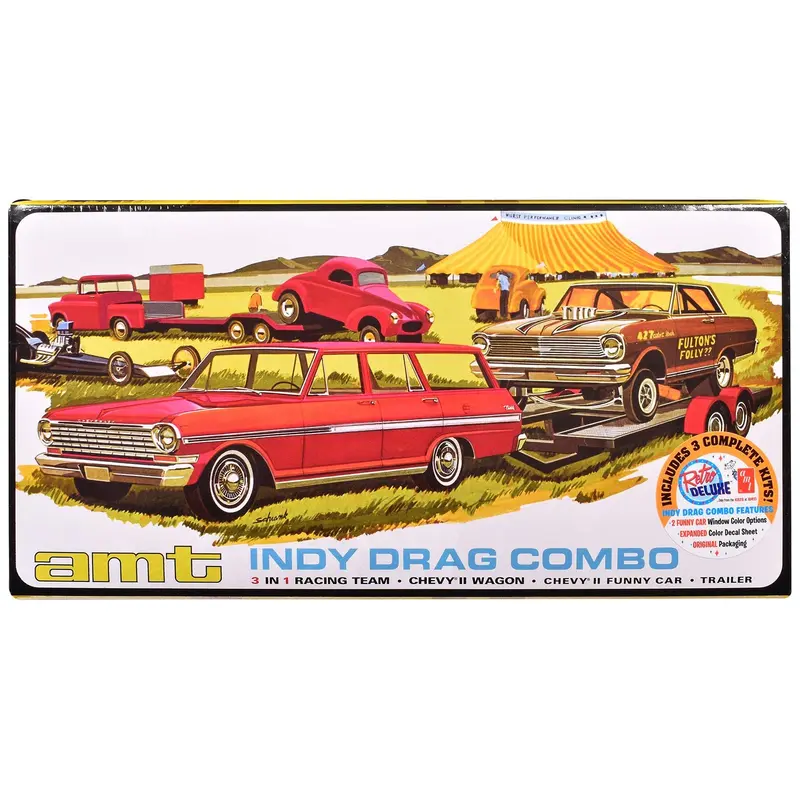 Skill 2 Model Kit Indy Drag Combo Chevrolet II Wagon and Funny Car with Trailer 3 in 1 Set 1/25 Scale Model by AMT