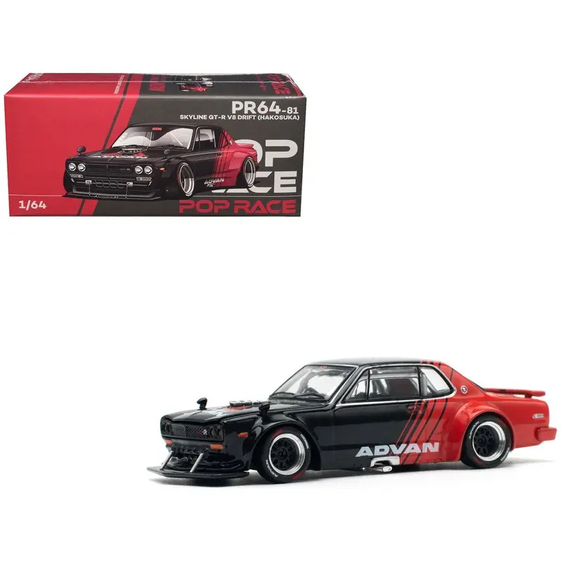 Skyline GT-R V8 Drift "Hakosuka" RHD (Right Hand Drive) "Advan" Black and Red 1/64 Diecast Model Car by Pop Race