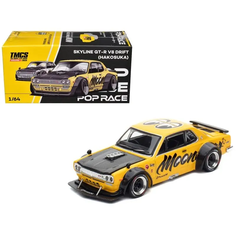Skyline GT-R V8 Drift "Hakosuka" RHD (Right Hand Drive) "Mooneyes" Yellow with Carbon Hood "The Model Car Show Singapore 2025" 1/64 Diecast Model Car by Pop Race