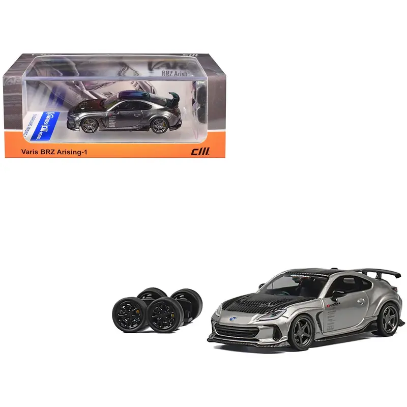 Subaru BRZ Varis Arising-1 RHD (Right Hand Drive) Gray Metallic with Carbon Hood and Top and Extra Wheels 1/64 Diecast Model Car by CM Model