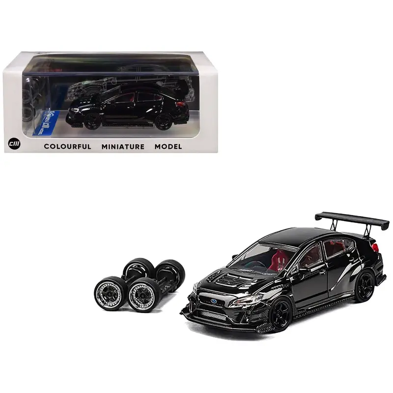 Subaru VAB WRX S4 Widebody Black Metallic with Red Interior with Extra Wheels 1/64 Diecast Model Car by CM Model