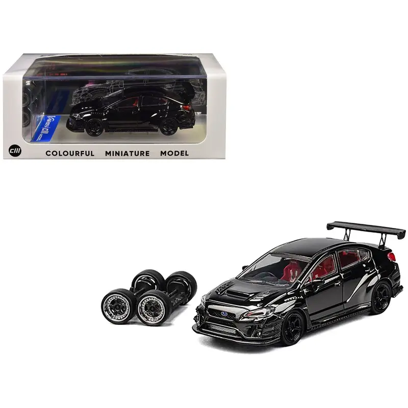Subaru VAB WRX STI Widebody Black Metallic with Red Interior with Extra Wheels 1/64 Diecast Model Car by CM Model