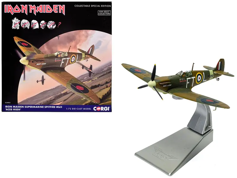 Supermarine Spitfire Mk.II Fighter Aircraft "Iron Maiden 'Aces High'" Green Camouflage with Graphics 1/72 Diecast Model by Corgi