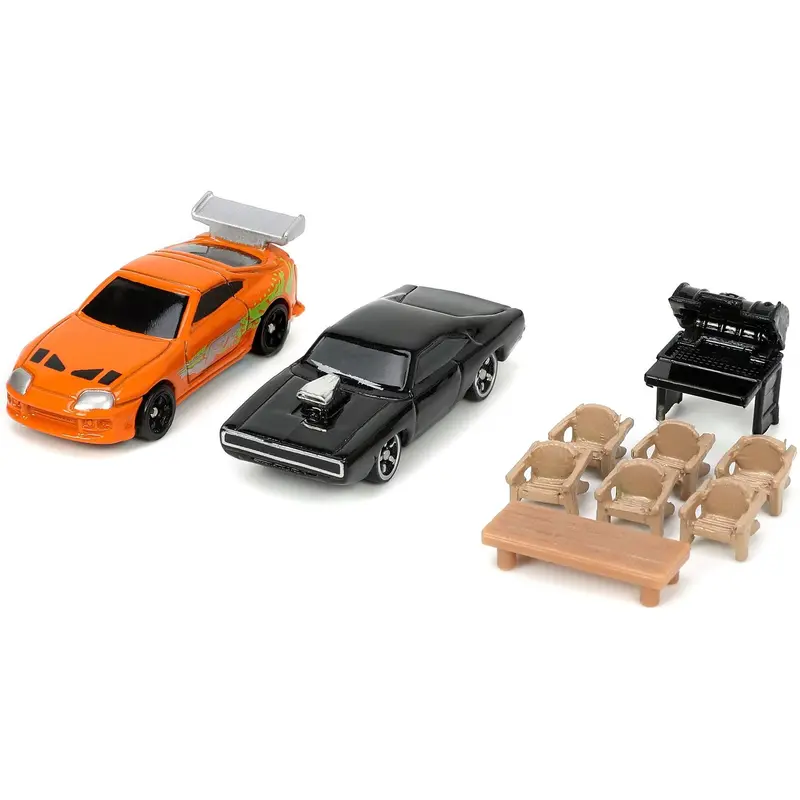 Toretto House Diorama with Dodge Charger Black and Toyota Supra Orange with Graphics "Fast and Furious" "Nano Scene" Series Models by Jada