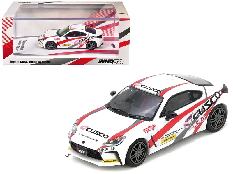 Toyota GR86 Tuned by "CUSCO" RHD (Right Hand Drive) White with Red and Gray Stripes 1/64 Diecast Model Car by Inno Models