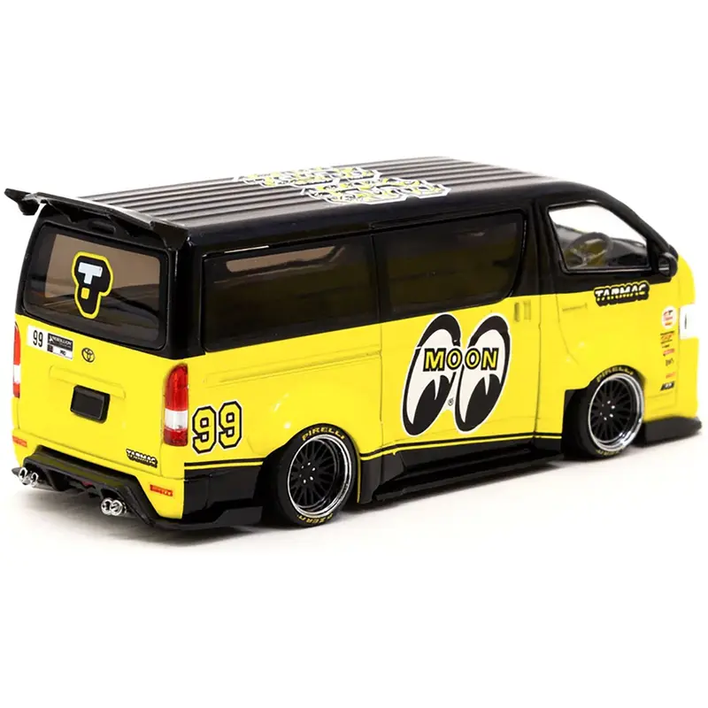 Toyota Hiace Widebody Van RHD (Right Hand Drive) #99 "Mooneyes Team Van" Yellow and Black with Graphics "Hobby43" 1/43 Diecast Model Car by Tarmac Works