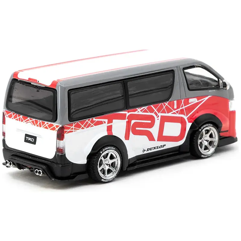 Toyota Hiace Widebody Van RHD (Right Hand Drive) "TRD" Gray and White with Red Graphics "Hobby64" Series 1/64 Diecast Model Car by Tarmac Works