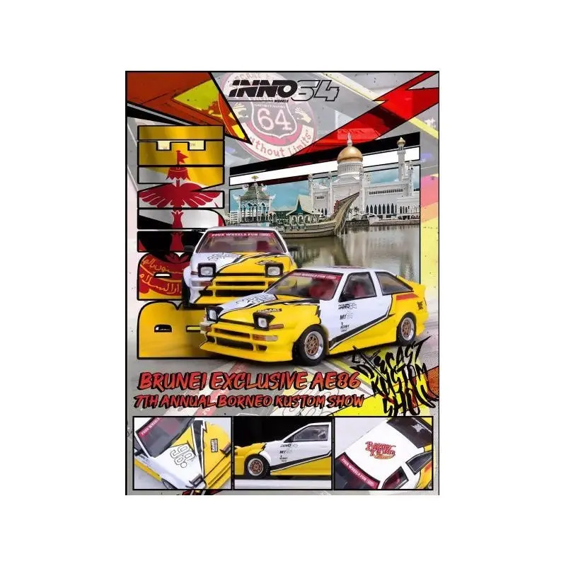 Toyota Sprinter Trueno (AE86) RHD (Right Hand Drive) "Brunei Diecast Kustom Show 2024" White and Yellow with Graphics 1/64 Diecast Model Car by Inno Models