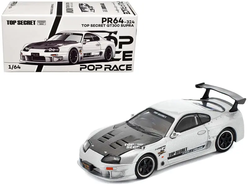 Toyota Supra "Top Secret" GT300 RHD (Right Hand Drive) Silver Metallic with Carbon Hood 1/64 Diecast Model Car by Pop Race