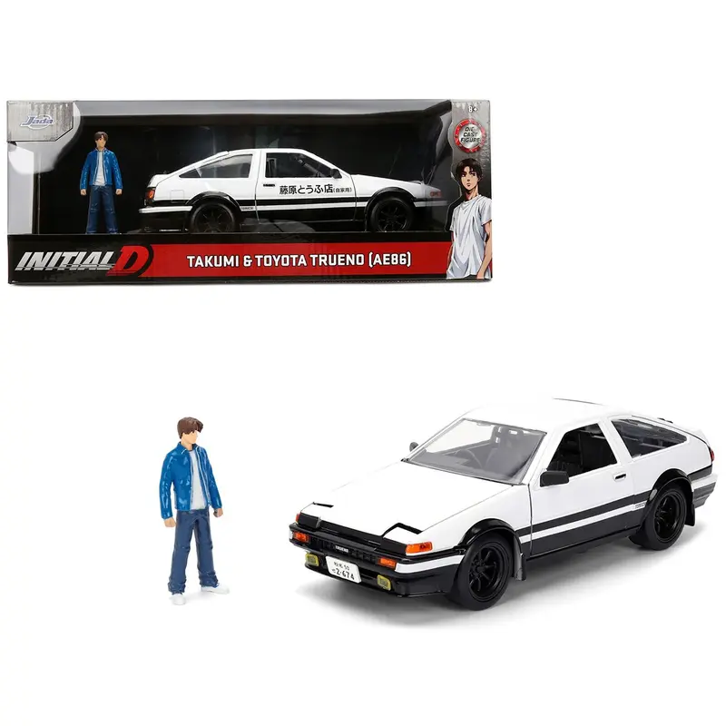 Toyota Trueno (AE86) RHD (Right Hand Drive) White and Black with Graphics and Takumi Diecast Figure "Initial D" (1998-2021) TV Series "Anime Hollywood Rides" Series 1/24 Diecast Model by Jada