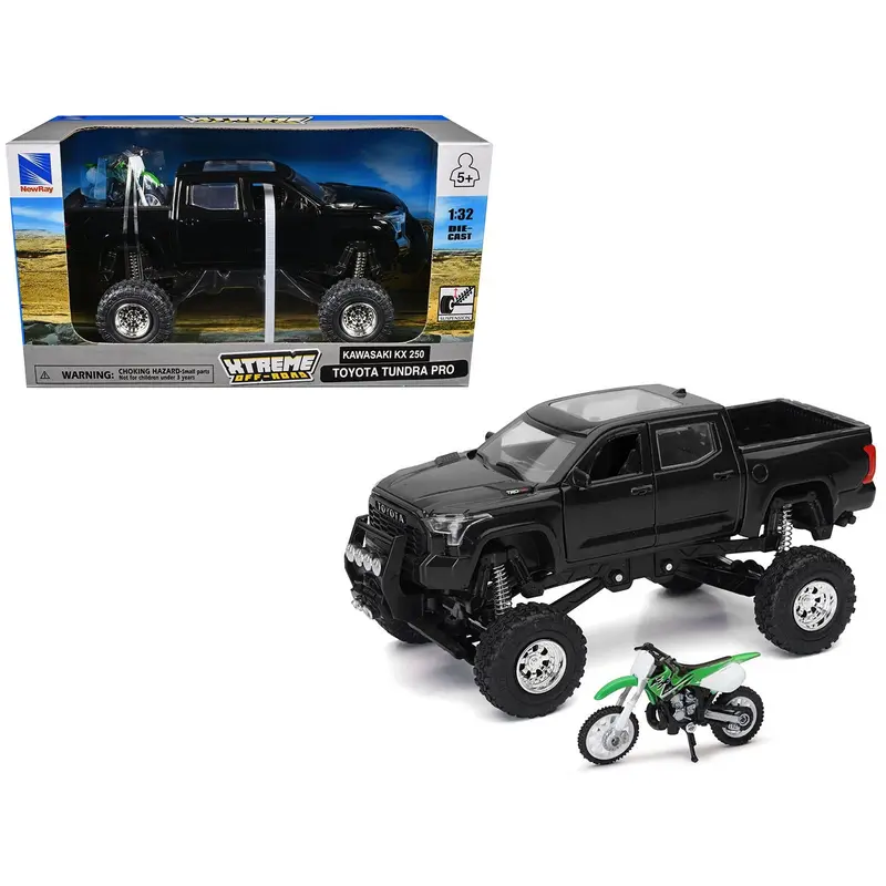 Toyota Tundra Pro Pickup Truck Black and Kawasaki KX 250 Motorcycle Green and White "Xtreme Off-Road" Series 1/32 Diecast Models by New Ray