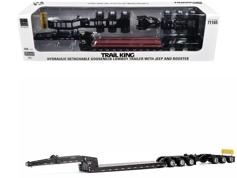 Trail King TK170 Hydraulic Detachable Gooseneck Lowboy Trailer Black with Jeep and Booster "Transport Series" 1/64 Diecast Model by Diecast Masters