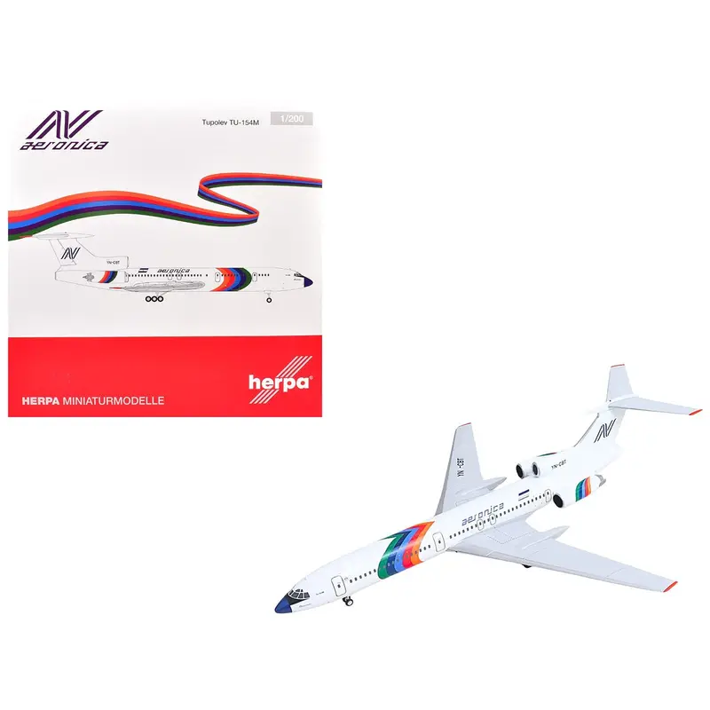 Tupolev TU-154M Commercial Aircraft "Aeronica" (YN-CBT) White with Stripes 1/200 Diecast Model by Herpa