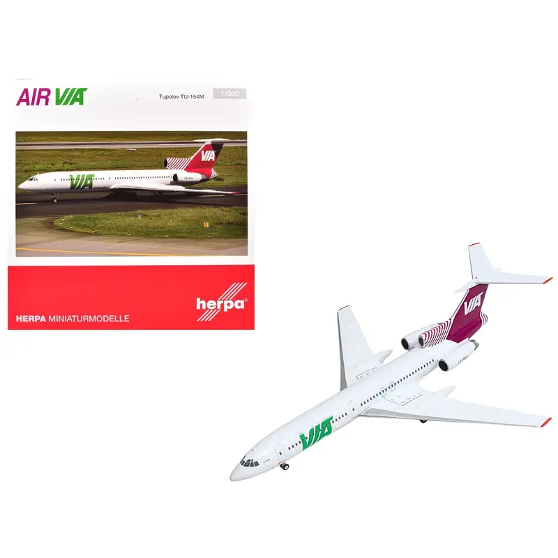 Tupolev TU-154M Commercial Aircraft "Air Via" (LZ-MIG) White with Red Tail 1/200 Diecast Model by Herpa