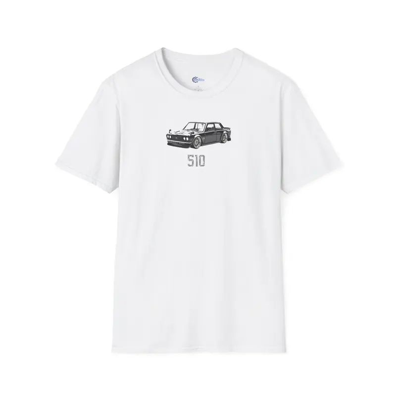 Vintage Sketch Art 1973 Black Datsun 510 T-Shirt, JDM Retro Car Tee, Classic with model designation