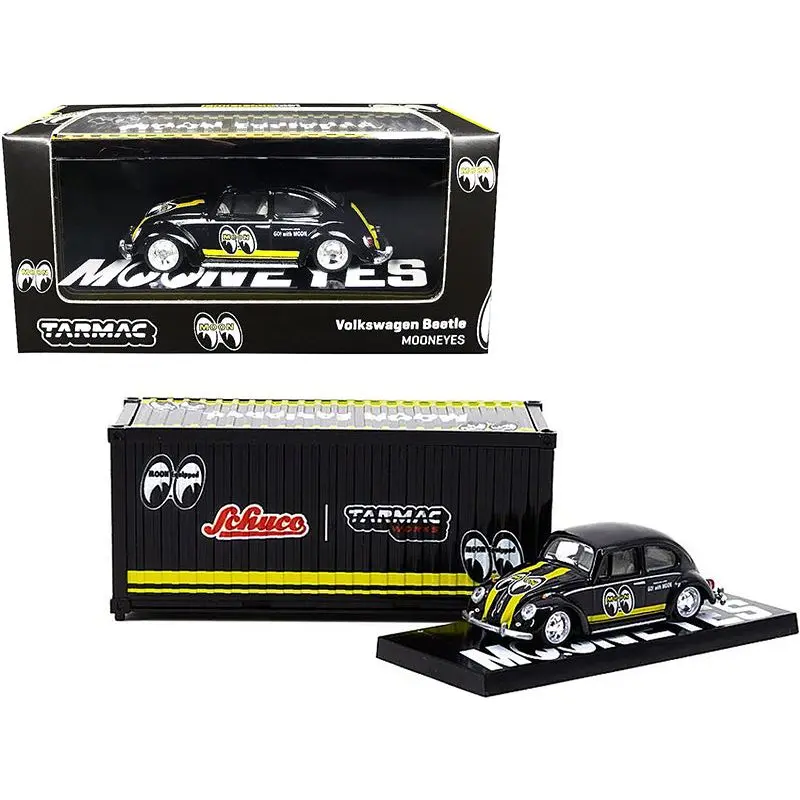 Volkswagen Beetle "Mooneyes" Black with Yellow Stripes with Container Case "Collaboration Model" 1/64 Diecast Model Car by Schuco & Tarmac Works