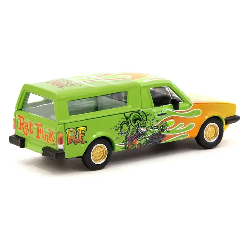 Volkswagen Caddy Pickup Truck with Camper Shell Green with Flames and Graphics "Rat Fink" "Collab64" Series 1/64 Diecast Model Car by Schuco & Tarmac Works