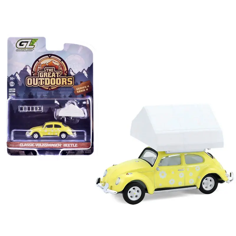 Volkswagen Classic Beetle Yellow with White Flower Graphics and Interior with Camp'otel Cartop Sleeper Tent "The Great Outdoors" Series 4 1/64 Diecast Model Car by Greenlight