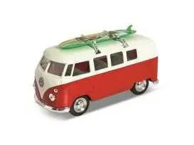 Volkswagen T1 Bus 1962 Surf Red/White c/w Surf Board on Roof 1