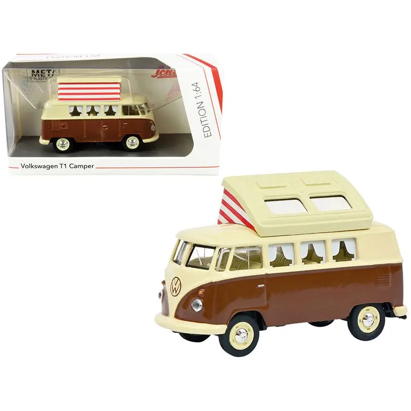 Volkswagen T1 Camper Bus with Pop-Top Roof Brown and Cream 1/64 Diecast Model by Schuco