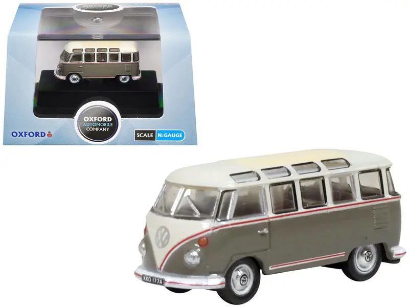 Volkswagen T1 Samba Bus Mouse Grey and Pearl White with Red Stripes 1/148 (N) Scale Diecast Model Car by Oxford Diecast
