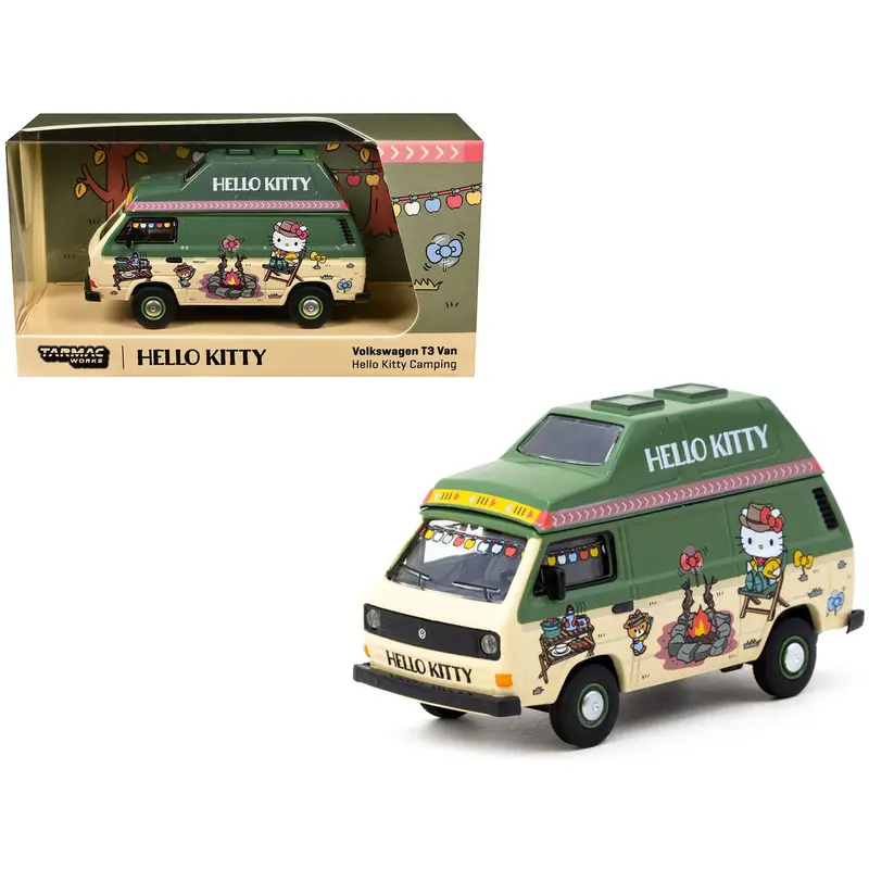 Volkswagen T3 Van "Hello Kitty Camping" Green and Beige with Graphics "Collab64" Series 1/64 Diecast Model Car by Schuco & Tarmac Works