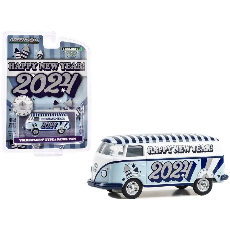 Volkswagen Type 2 Panel Van "Happy New Year 2024" Light Blue and White with Striped Top "Hobby Exclusive" Series 1/64 Diecast Model Car by Greenlight