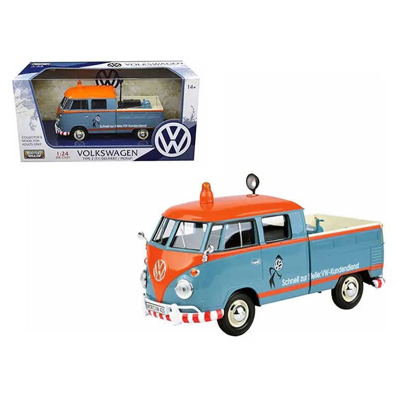 Volkswagen Type 2 (T1) Delivery Service Pickup Truck Blue and Orange "VW-Kundendienst" 1/24 Diecast Model Car by Motormax