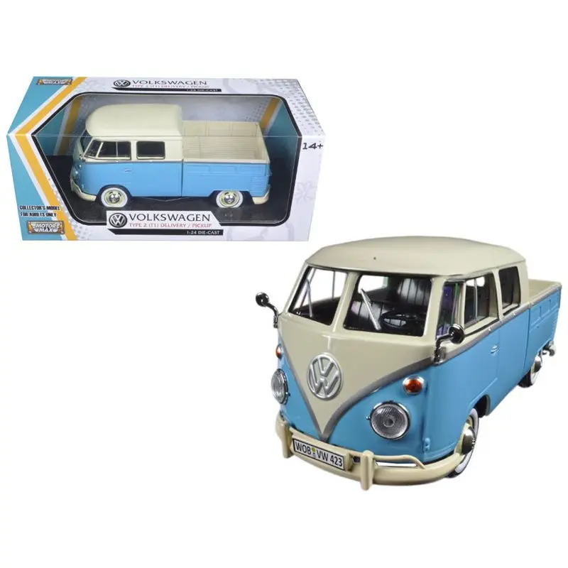 Volkswagen Type 2 (T1) Double Cab Pickup Truck Light Blue and Cream 1/24 Diecast Model Car by Motormax