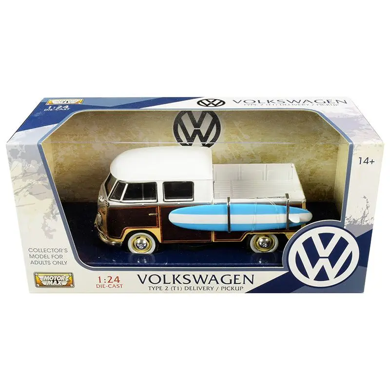 Volkswagen Type 2 (T1) Pickup White and Yellow with Wood Paneling with Surfboard 1/24 Diecast Model Car by Motormax