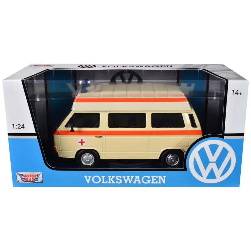 Volkswagen Type 2 (T3) High Roof Ambulance Cream with Orange Stripes 1/24 Diecast Model Car by Motormax