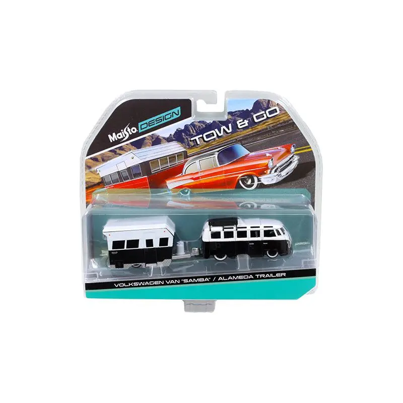 Volkswagen Van "Samba" with Alameda Trailer Black / White Tow & Go 1/64 Diecast Model by Maisto