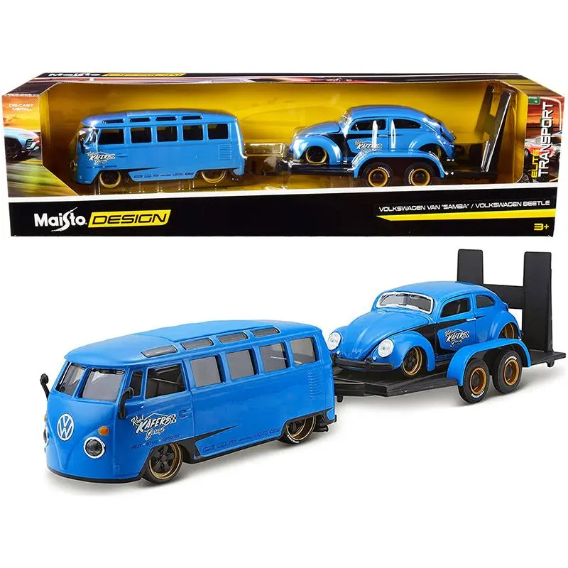Volkswagen Van Samba with Volkswagen Beetle and Flatbed Trailer Blue "Kool Kafers" Set of 3 pieces "Elite Transport" Series 1/24 Diecast Model Cars by Maisto