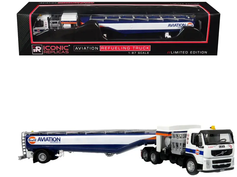 Volvo FM500 with Esterer Aviation Refueling Tanker Truck "Gulf Aviation" White with Blue Stripes Limited Edition 1/87 (HO) Diecast Model by Iconic Replicas