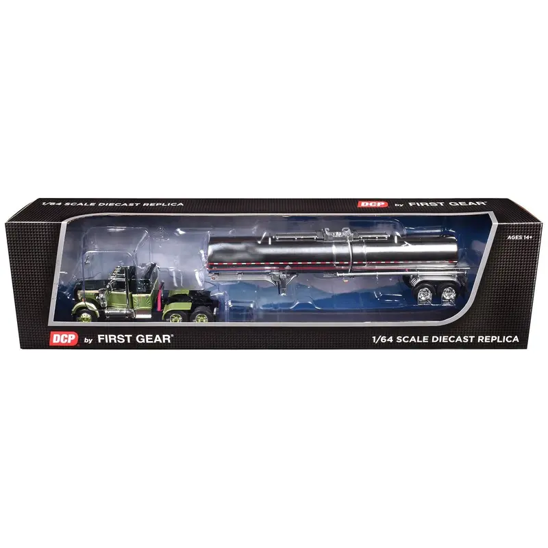 Western Star 4900 with 36" Vintage Flat Top Sleeper and Brenner Chemical Tank Trailer Olive and Dark Green Two-Tone 1/64 Diecast Model by DCP/First Gear
