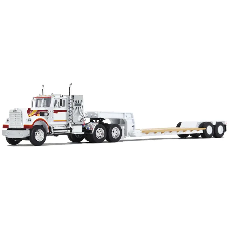 Western Star 4900 with 36" Vintage Flat Top Sleeper and Rogers Vintage Lowboy Trailer White with Graphics 1/64 Diecast Model by DCP/First Gear