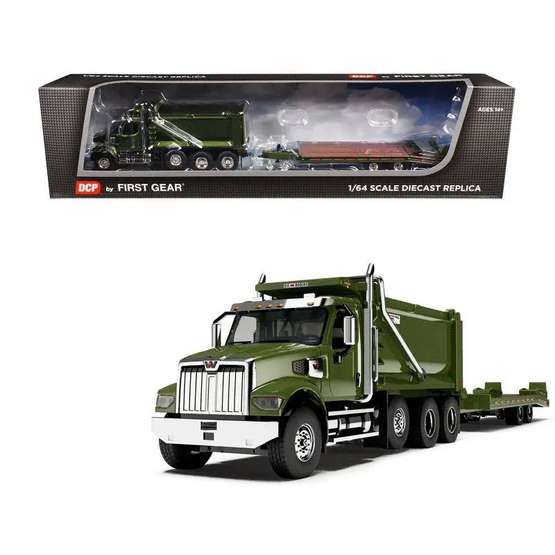 Western Star 49X Truck with Ox Bodies Dump & Beaver Tail Trailer Green Metallic 1/64 Diecast Model by DCP/First Gear