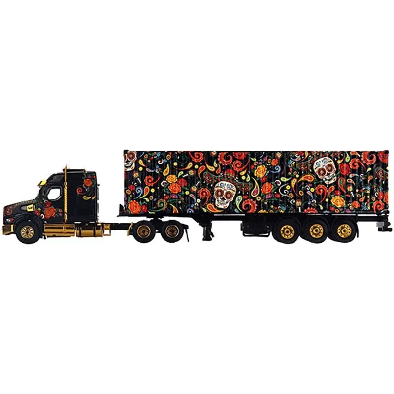 Western Star 49X with 40 Ft Container "Dia de los Muertos" (Day of the Dead) Black with Graphics 1/64 Diecast Model by True Scale Miniatures