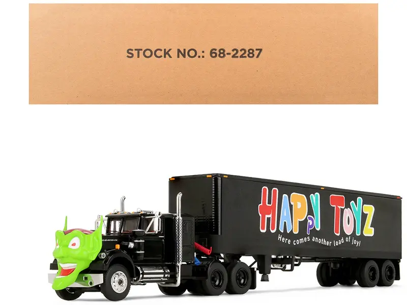 White Western Star 4800 with Green Goblin Head and 40' Vintage Trailer Black with Graphics "Maximum Overdrive" (1986) Movie 40th Anniversary 1/64 Diecast Model by DCP/First Gear